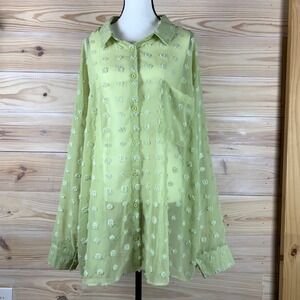 Boohoo Button Down Shirt Womens 18 Green Sheer Tufted Polka Dot Oversized Blouse